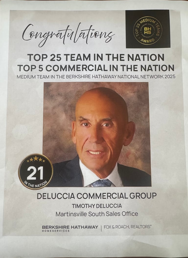 Congratulations certificate for Timothy Deluccia, ranked 21st, recognizing DeLuccia Commercial Group as top 25 team and top 5 commercial in the nation with Berkshire Hathaway